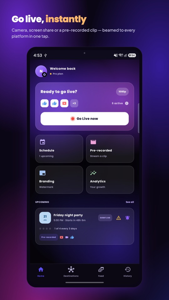 MiniStream home screen with go live now