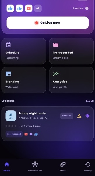 MiniStream app home screen — ready to go live